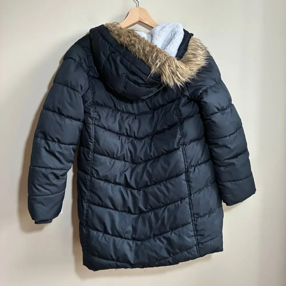 Lands' End faux fur lined black puffer winter jacket kids' size large 10-12